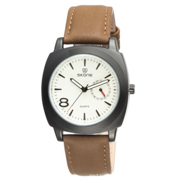 SKONE 9385 Leather Band quartz unisex wristwatches with sub dial